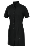 Robes de robe de chemise à col rabattu à joint fendu uni décontracté noir