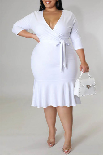 Vestidos de tamanho grande branco moda casual atadura sólida patchwork decote em v