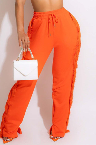 Pantaloni a vita alta regolari con patchwork in nappa tinta unita arancione alla moda