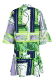 Green Casual African Print Patchwork Buckle Turndown Collar A Line Dress