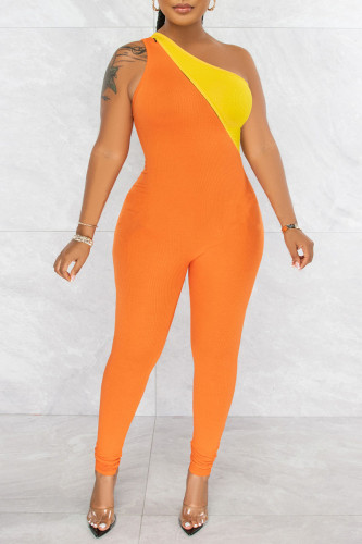 Orange Casual Solid Patchwork Dragkedja Snedkrage Skinny Jumpsuits