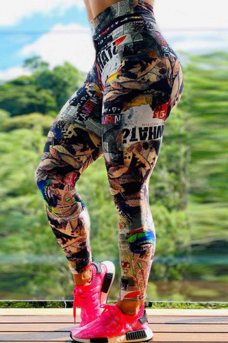 Pantaloni casual a vita alta con stampa di abbigliamento sportivo casual alla moda multicolore