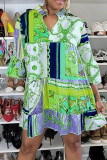 Vestido casual verde com estampa africana patchwork fivela redonda gola A