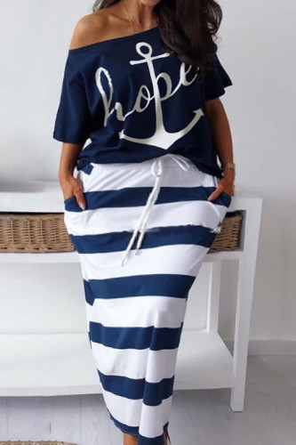 Blå Mode Casual Print Basic Snedkrage Plus Size Two Pieces