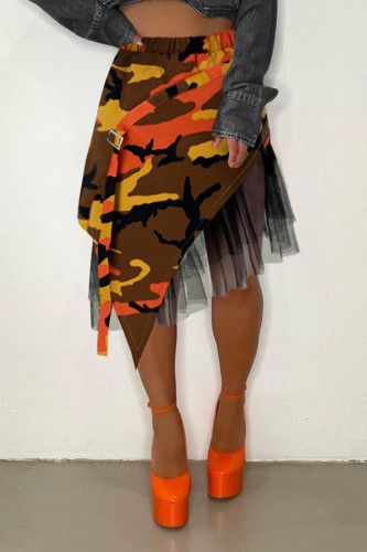 Tangerine Fashion Street Print Stampa mimetica Patchwork Pantaloni asimmetrici a vita alta con stampa intera
