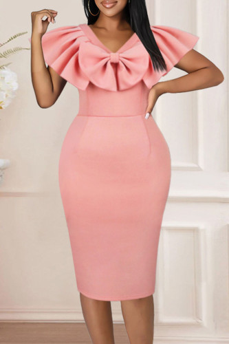 Vestidos de saia de um passo rosa elegante de patchwork sólido com laço e decote em V