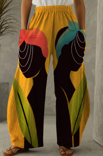 Calças retas com estampa de patchwork amarela casual estampada cintura alta