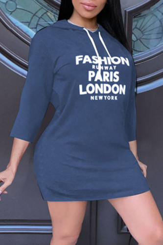 Kungsblå Casual Print Patchwork T-shirtklänning med huvakrage