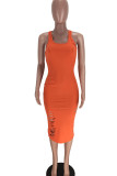 Tangerine Red Casual Solid Ripped Patchwork U Neck Vest Dress Dresses
