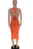 Tangerine Red Casual Solid Ripped Patchwork U Neck Vest Dress Dresses
