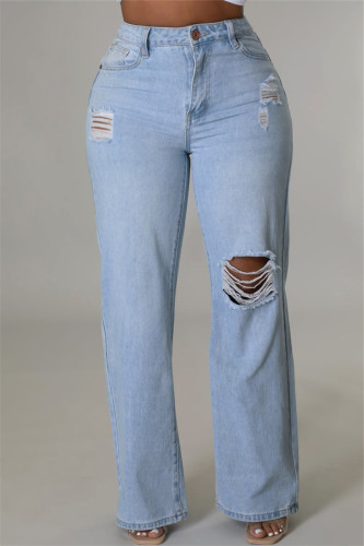 Jeans in denim normale a vita alta strappati casual alla moda di colore chiaro