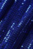 Robe de soirée à col oblique en patchwork de paillettes solides à la mode bleue