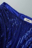 Robe de soirée à col oblique en patchwork de paillettes solides à la mode bleue
