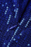 Blå mode sexiga solida paljetter Patchwork aftonklänning med sned krage
