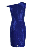 Blå mode sexiga solida paljetter Patchwork aftonklänning med sned krage