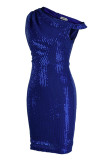 Blue Fashion Sexy Solid Sequins Patchwork Oblique Collar Evening Dress