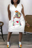White Pink Fashion Casual Print Patchwork V Neck Sleeveless Plus Size Dress