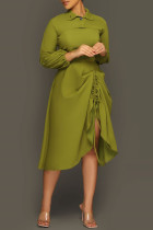 Green Casual Solid Patchwork Draw String Asymmetrical Turndown Collar Long Sleeve Two Pieces