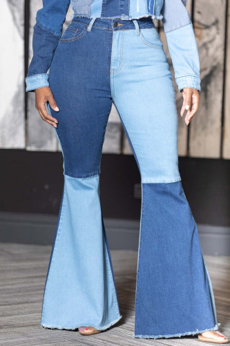 Calça jeans azul moda casual patchwork contraste cintura alta corte jeans