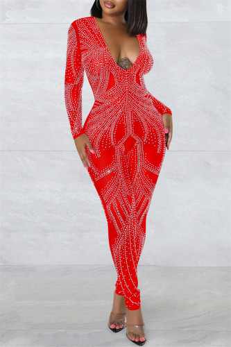 Macacão skinny vermelho fashion sexy patchwork furação a quente transparente decote em v
