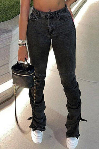 Jeans jeans cinza escuro moda casual patchwork sólido fenda dobra cintura alta regular jeans