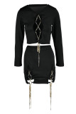 Black Sexy Solid Hollowed Out Chains Slit O Neck Long Sleeve Two Pieces
