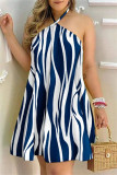 Blue Fashion Casual Print Bandage Backless Halter Sleeveless Dress Dresses