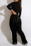 Black Fashion Casual Solid Tassel Patchwork O Neck Long Sleeve Two Pieces