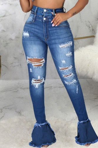 Jeans jeans skinny casual moda casual sólido rasgado patchwork cintura alta