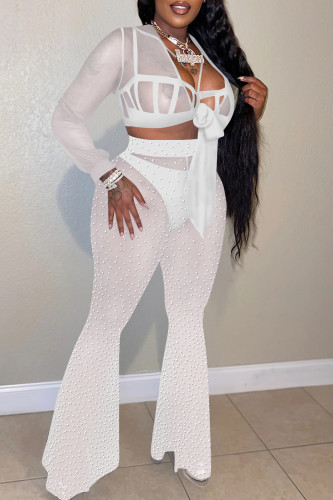 White Fashion Sexy Patchwork Hot Drilling Bandage See-through V Neck Long Sleeve Three-piece Set