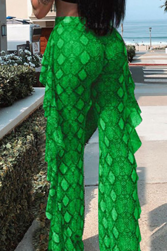 Pantaloni dritti a vita alta dritti con stampa patchwork a balza verde sexy