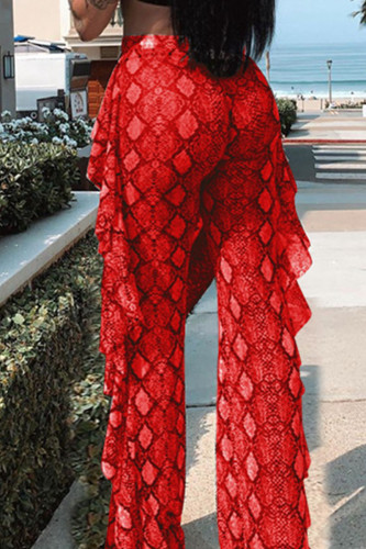 Calça de retalhos estampado sexy vermelho babado reto cintura alta estampado completo