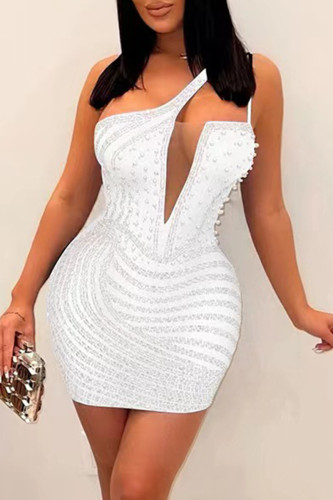 White Fashion Sexy Patchwork Hot Drilling Backless One Shoulder Sleeveless Dress Dresses