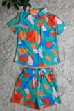 Turquoise Casual Print Patchwork Buckle Turndown Collar Short Sleeve Two Pieces