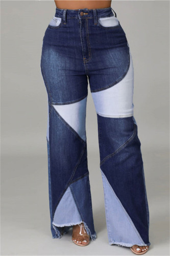 Jeans jeans azul moda casual patchwork básico cintura alta regular