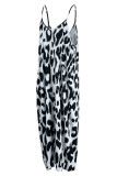 Vestido longo preto branco fashion sexy casual estampa leopardo sem costas com alça de espaguete