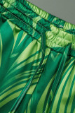 Vert mode décontracté imprimé patchwork boucle col rabattu manches courtes deux pièces