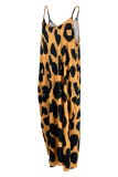 Vestido longo turquesa moda sexy casual estampa leopardo sem costas com alça de espaguete
