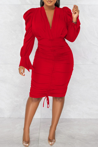 Röd Mode Sexig Casual Solid Patchwork Vik V-hals långärmade klänningar
