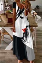 Svart Mode Casual Print Patchwork V-ringad kortärmad klänning