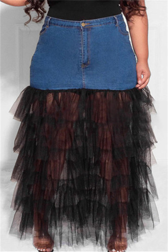 Black Fashion Casual Patchwork See-through Regular High Waist Skirts