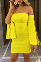 Yellow Fashion Sexy Solid Patchwork Backless Off the Shoulder One Step Skirt Dresses