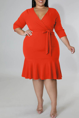 Vestidos de tamanho grande vermelho moda casual atadura sólida patchwork decote em v