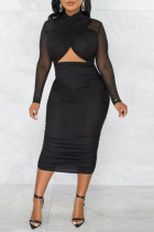 Black Sexy Solid Hollowed Out Patchwork Pencil Skirt Dresses
