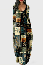 Vestidos de manga comprida com estampa casual de damasco preto estampa patchwork decote em v
