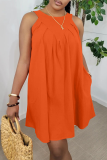 Tangerine Red Casual Solid Patchwork O Neck Straight Dresses