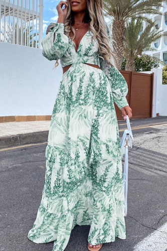Grön Casual Vacation Print ihåliga lapptäcken V-hals raka klänningar