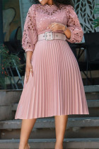 Pink Fashion Casual Solid Hollowed Out Patchwork With Belt O Neck Pleated Dresses