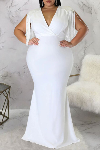 Vestido longo branco fashion casual plus size com borla patchwork decote em v