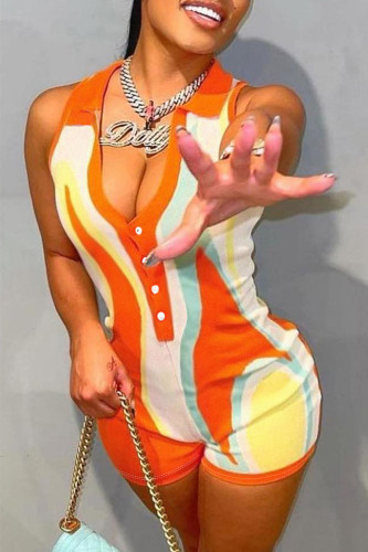 Macacão skinny moda casual estampa patchwork laranja com gola virada para baixo